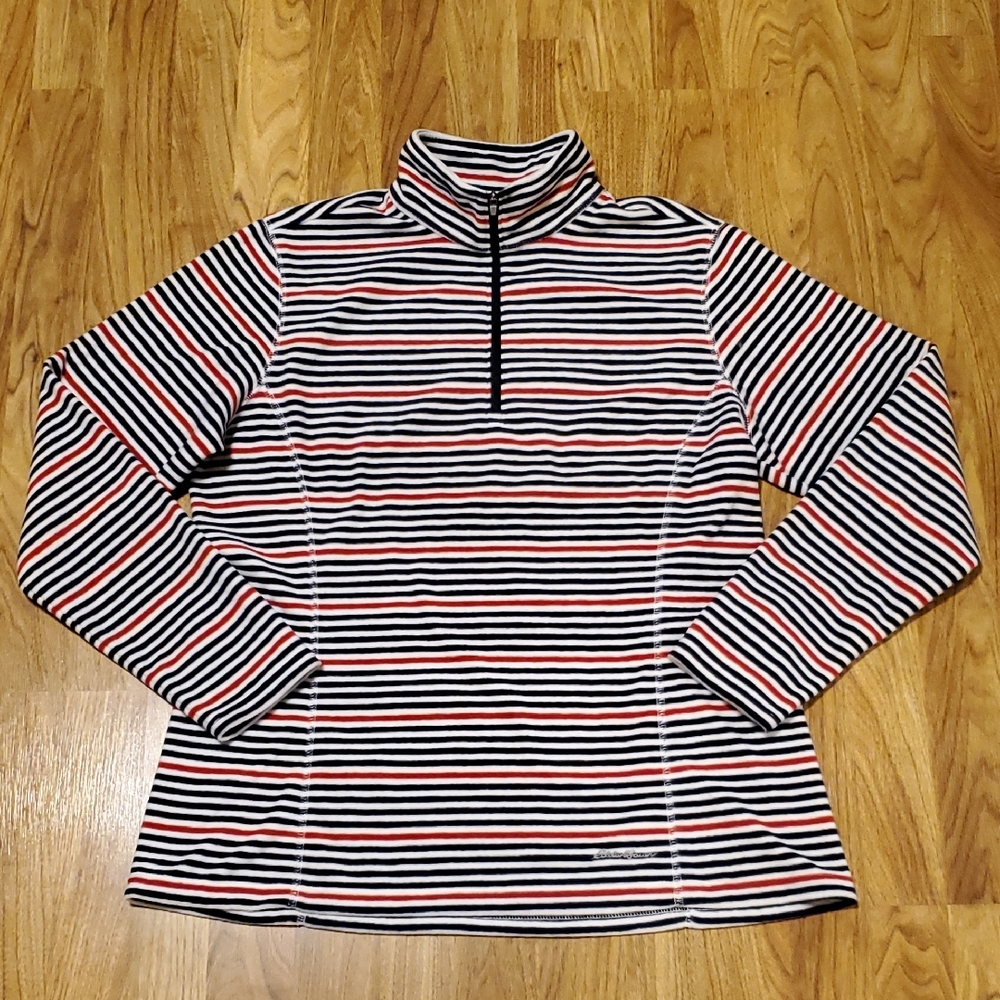 Eddie Bauer Half-Zip Fleece Top Womens L Navy Blue White Red Stripe